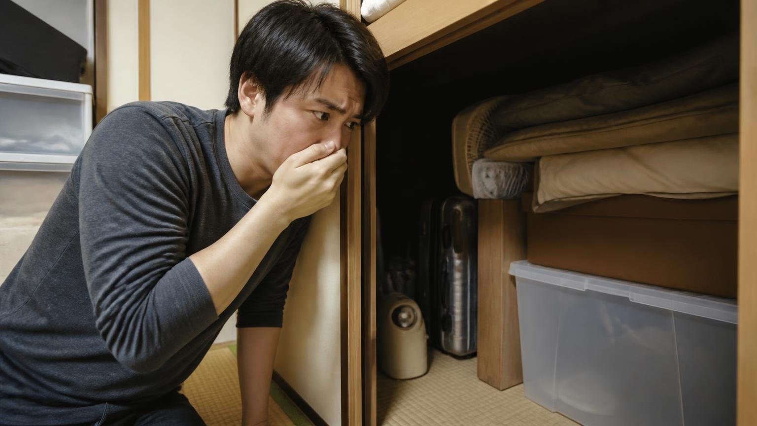 においが残っている=効いているではない・自宅の押し入れの奥・住人1人・鼻に手を当てながら奥をのぞき込む