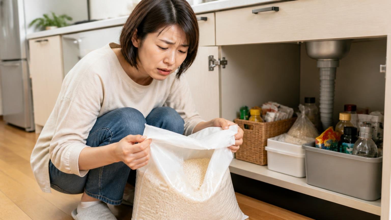 家の中にもっとおいしいエサがある。台所の流し台の下で女性1人がしゃがみ、開けた袋の米を見て困った顔をする