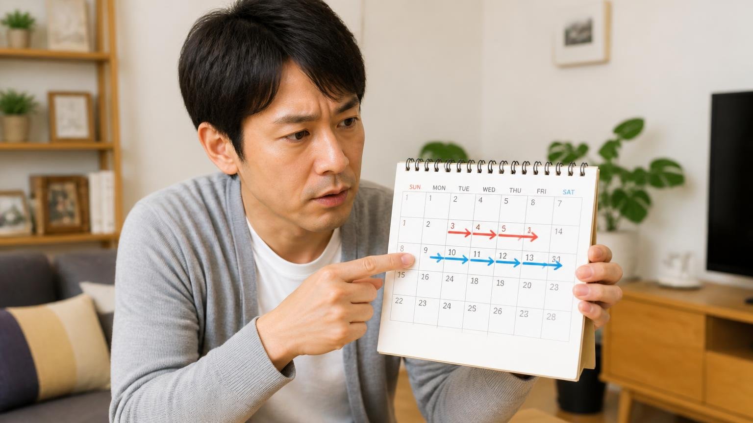 3〜5日食べさせてさらに3〜5日/リビングでカレンダーを指さす男性1人が真剣な表情で説明する