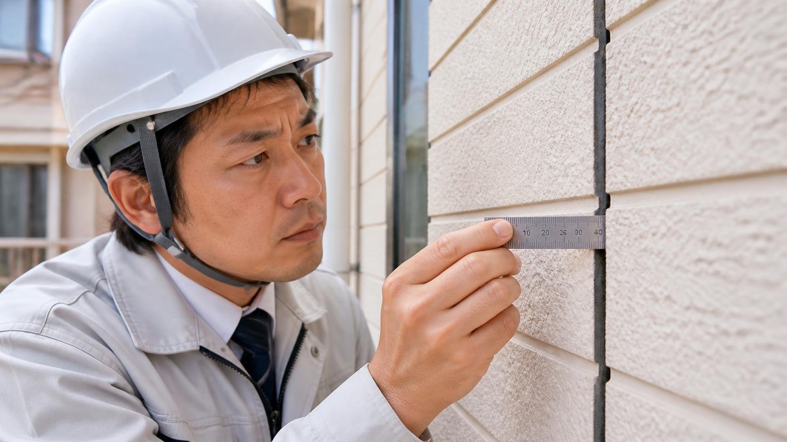 自治体が示す基準は1から2センチメートル以上の隙間。家の外壁の隙間に定規を当てる作業着の男性