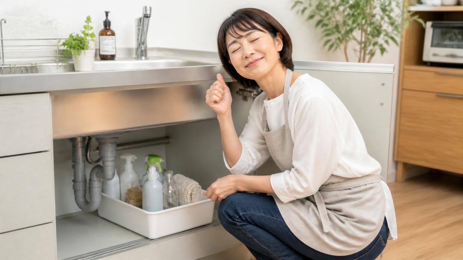 向いている家の特徴。整理された台所の流し台の下にトレーを置く女性1人が納得した表情でうなずいている
