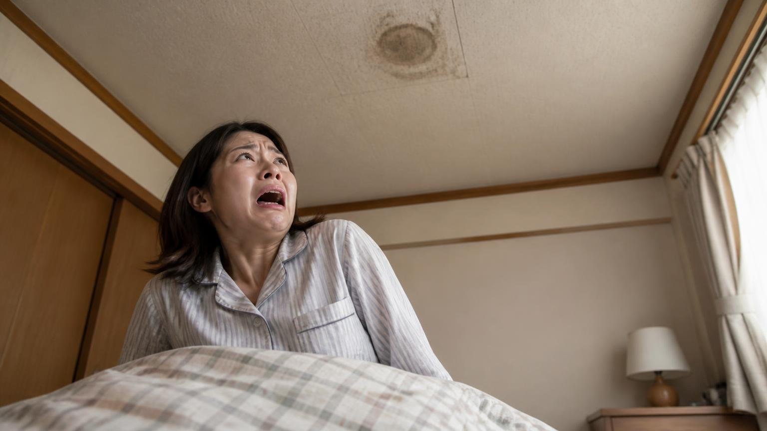 2匹捕れて安心したら数日後にまた、木造戸建ての寝室で天井を見上げる、布団から起きた女性1人、絶望した表情
