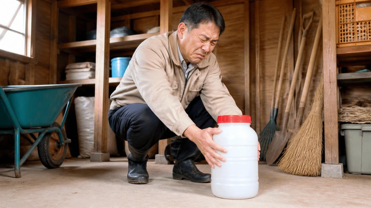 匂いが強く置く部屋を選ぶ 木造住宅の納屋で50代男性が顔をしかめつつ容器を床に設置する