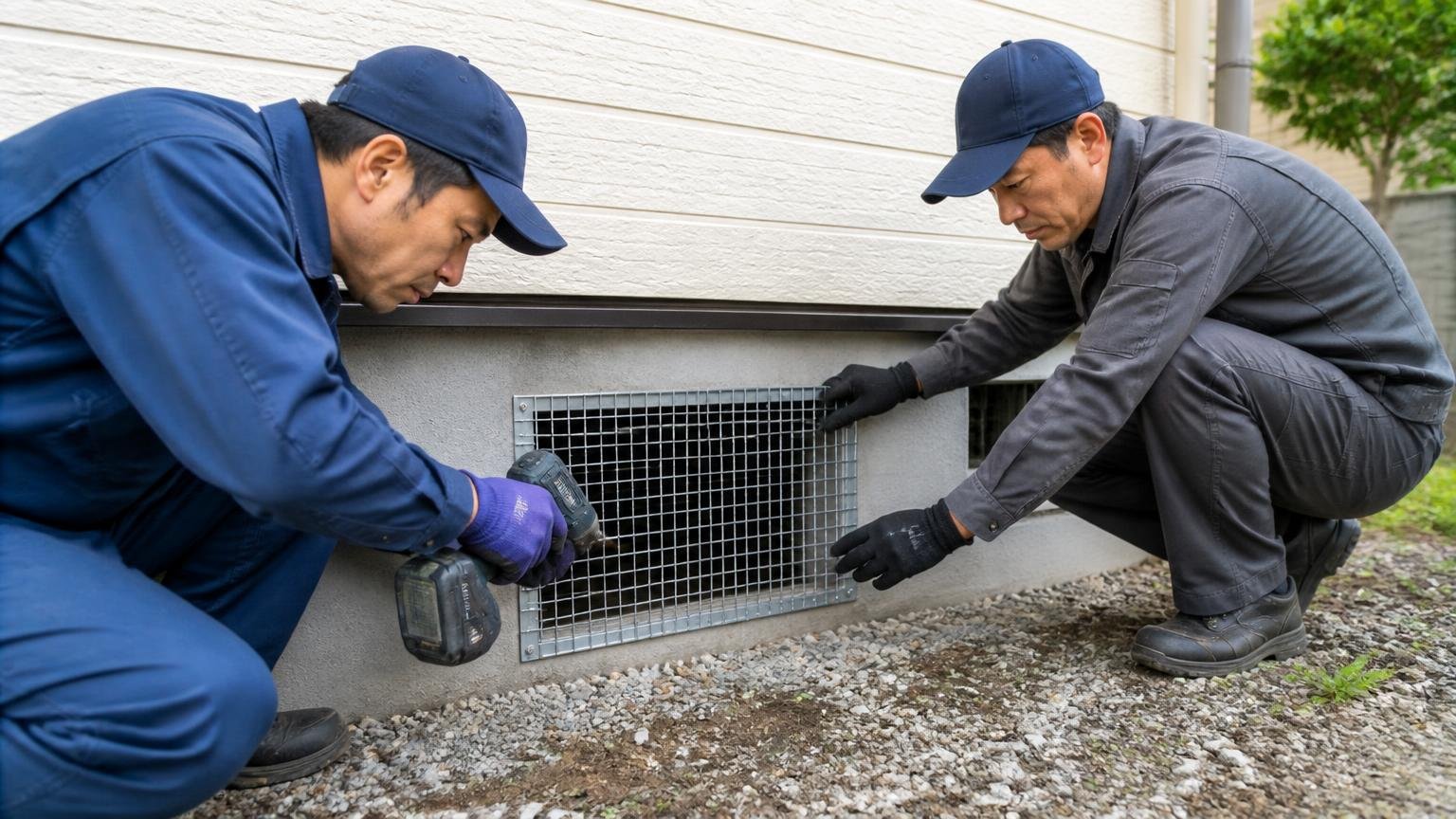 エサと巣の材料と侵入口の3つを止めるまでが1セット。木造戸建ての床下通風口を金網でふさぐ作業員2人が真剣な表情