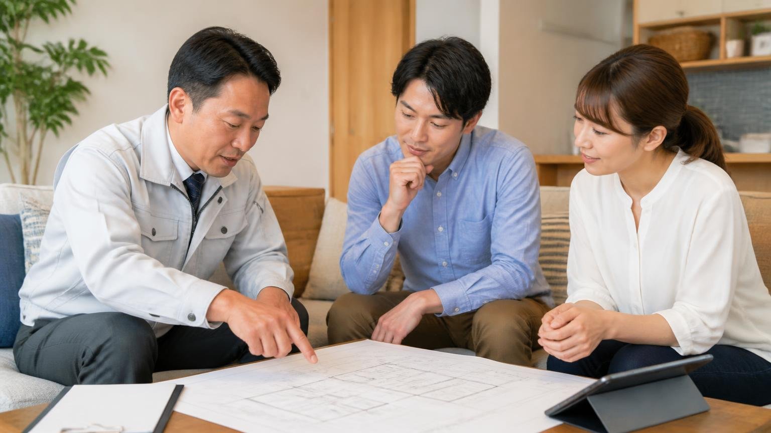 向いていないと判定された人が次にやること リビングで作業員と打ち合わせ 男女3人 図面を見ながら説明を受けうなずく