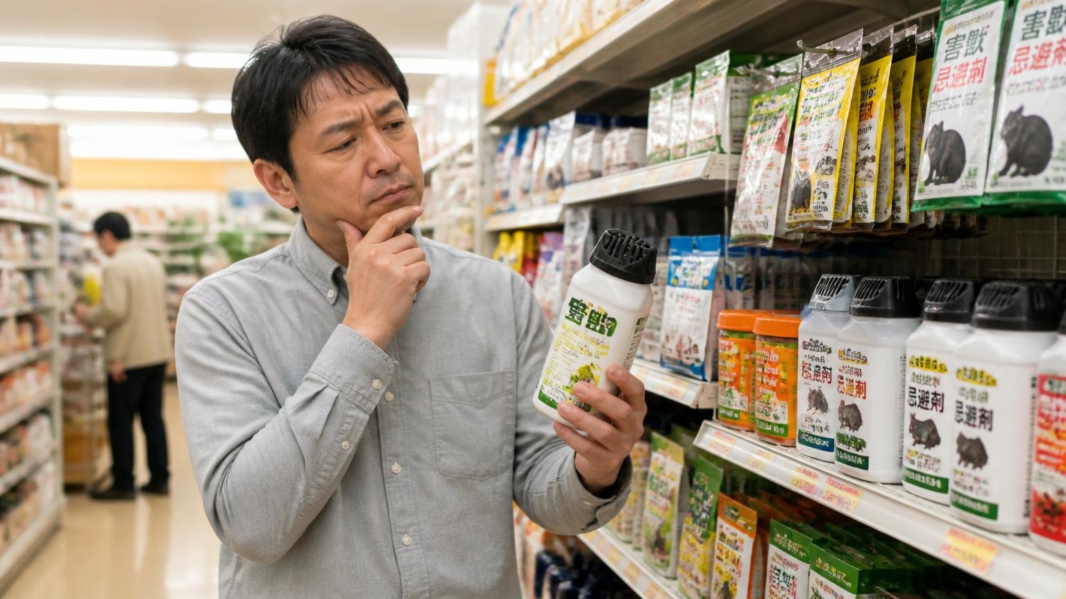 市販の忌避グッズは追い出す道具であって解決する道具ではない ホームセンターの売り場 商品を手に取る住人1人 迷った表情