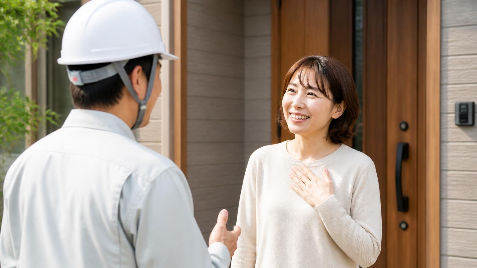 向いている人。木造戸建ての玄関前で作業員に相談し安心した表情を見せる30代女性1人