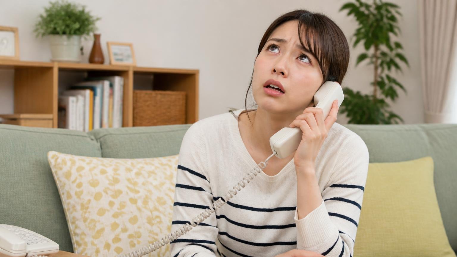 保健所ができることできないこと。自宅のリビングで女性1人が受話器を持ち困った表情で天井を見る