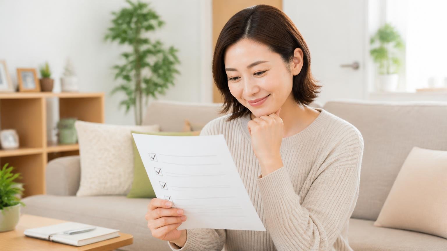 様子を見ていい人の条件|明るい住宅のリビングでチェックリストを見て安心した表情の女性1人
