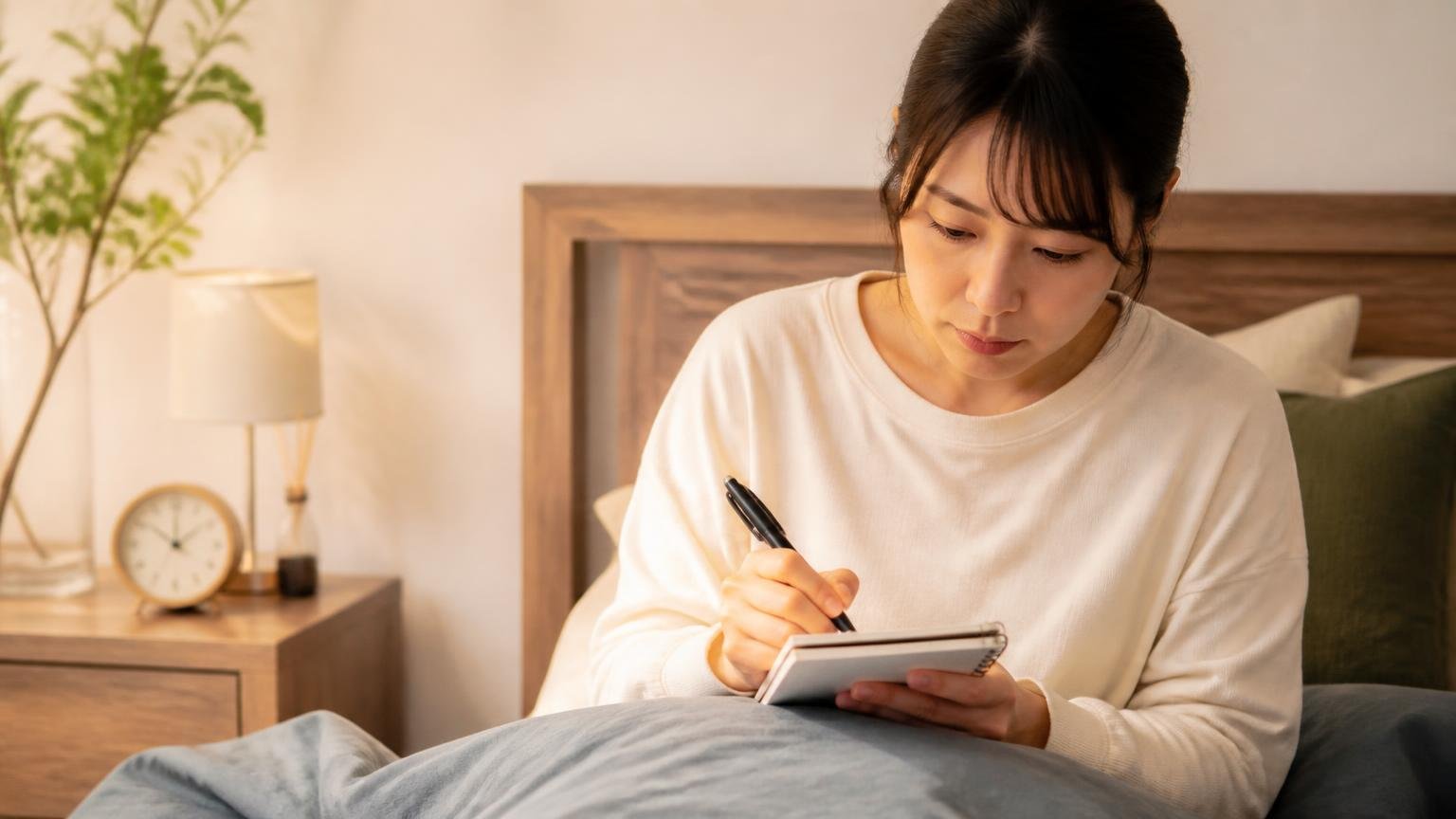 音の記録をつける|寝室のベッドでノートに時刻を書き込む女性1人が真剣な表情