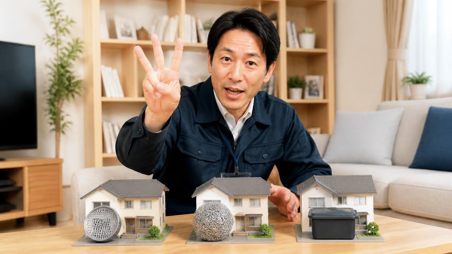 自治体が示すねずみ対策の三本柱。戸建てのリビングで40代男性が3本指を立て力強く説明する