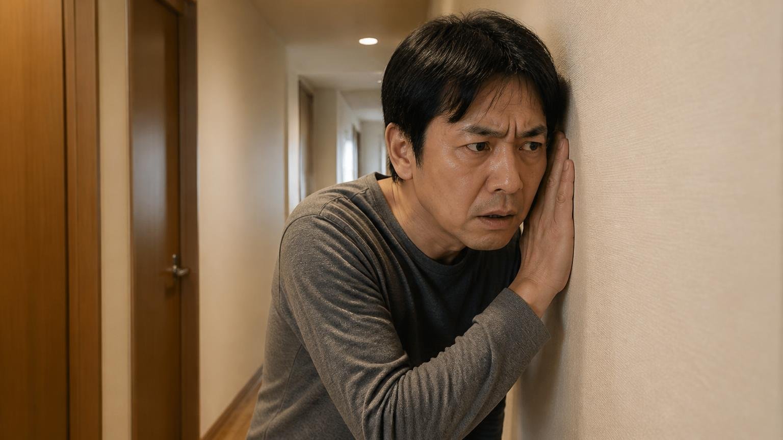 どこで死ぬかは特定できない、住宅の廊下の壁ぎわで男性1人が壁に耳を当てて眉をひそめる