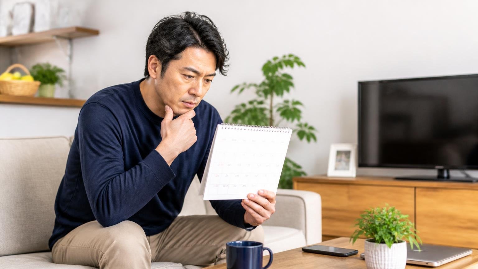 様子を見ている間に何が起きているのか 戸建てのリビング 男性1人がカレンダーを見て考え込む