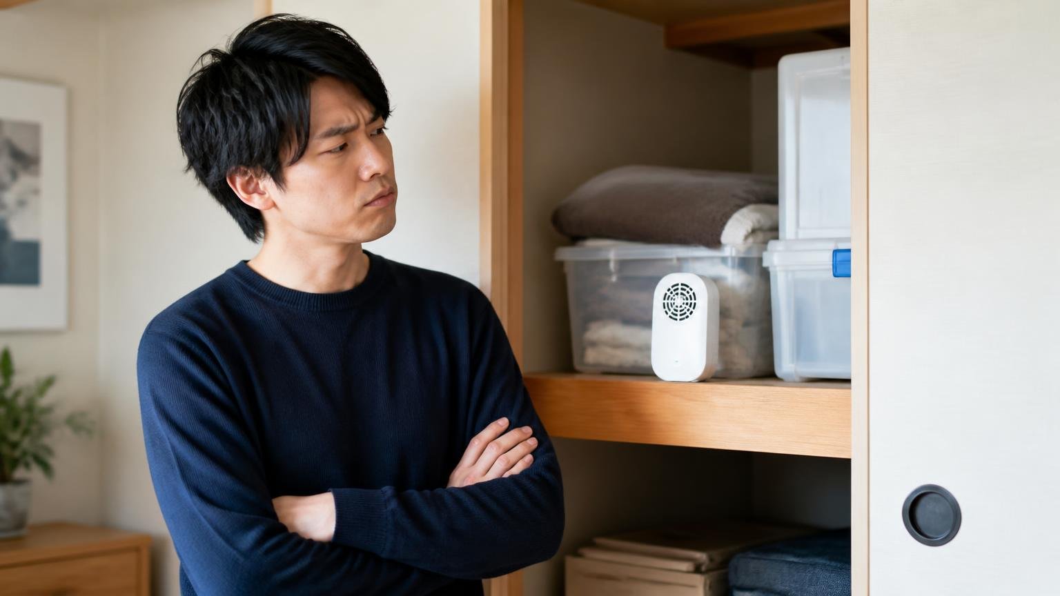 超音波と忌避剤に行政が出した見解。押し入れの超音波機器を前に腕を組む20代男性1人