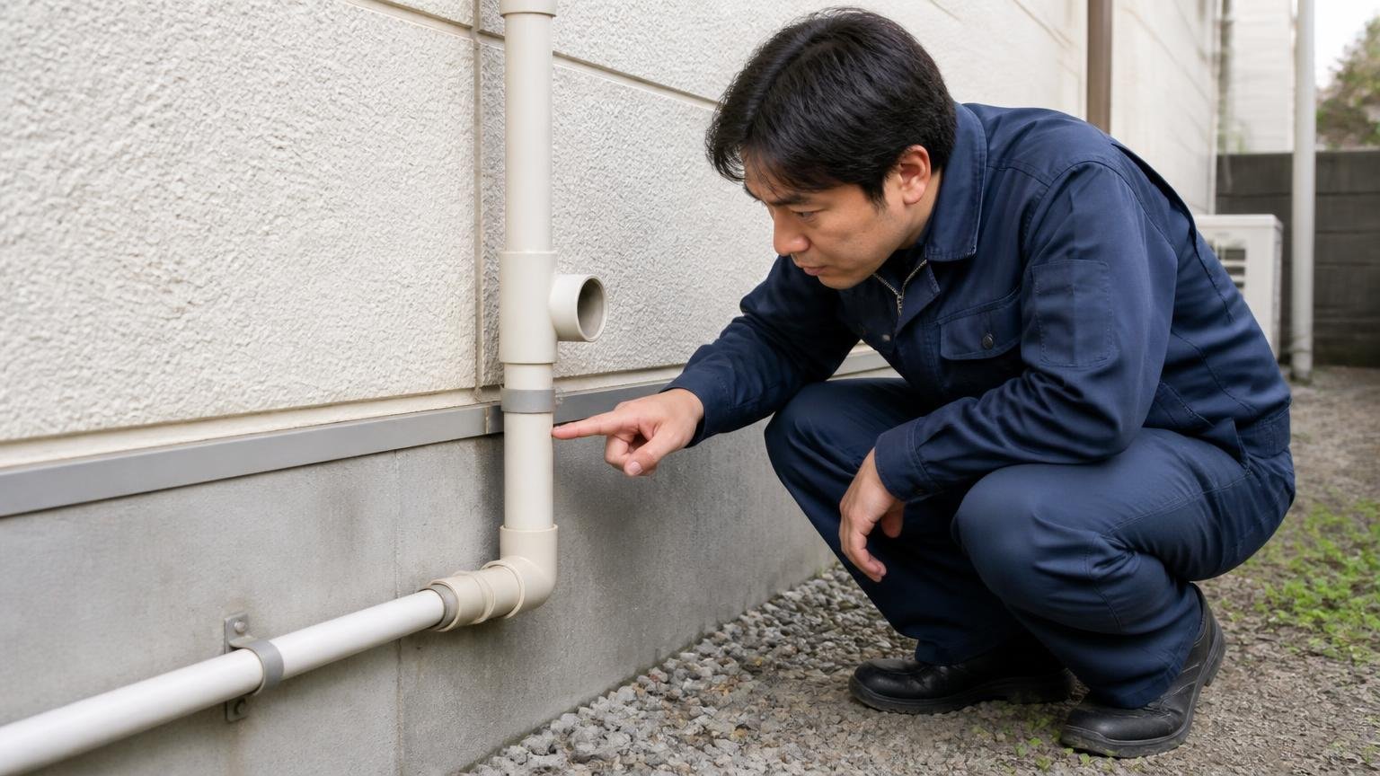 わずか1.2cmの隙間が侵入口になる。家の外壁まわりの配管を男性1人がしゃがんで点検