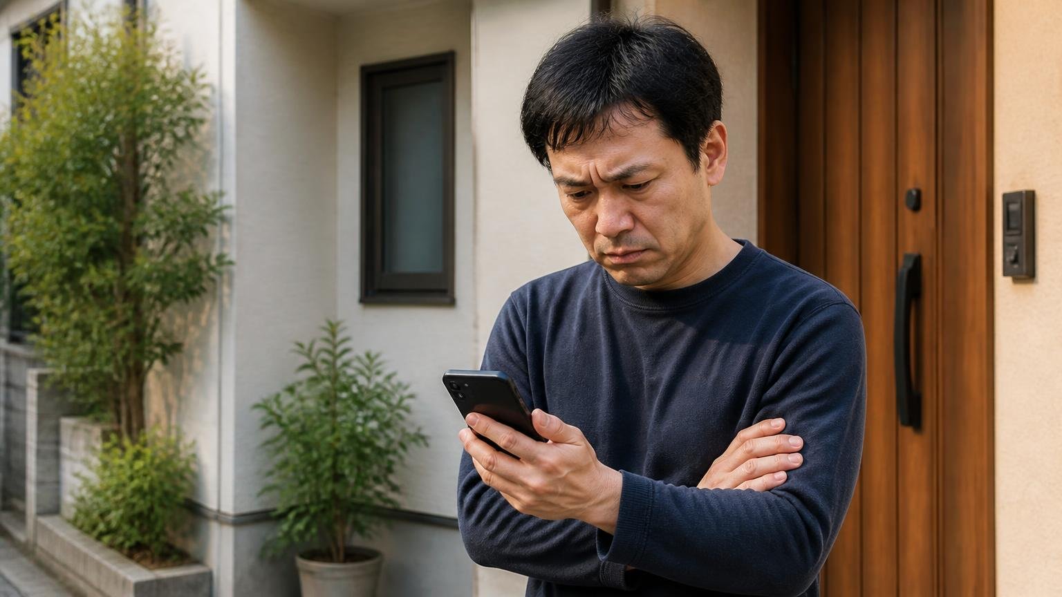 投稿日が2016年の3か月に集中。自宅の玄関先でスマホを見つめる40代男性が険しい顔で腕を組む