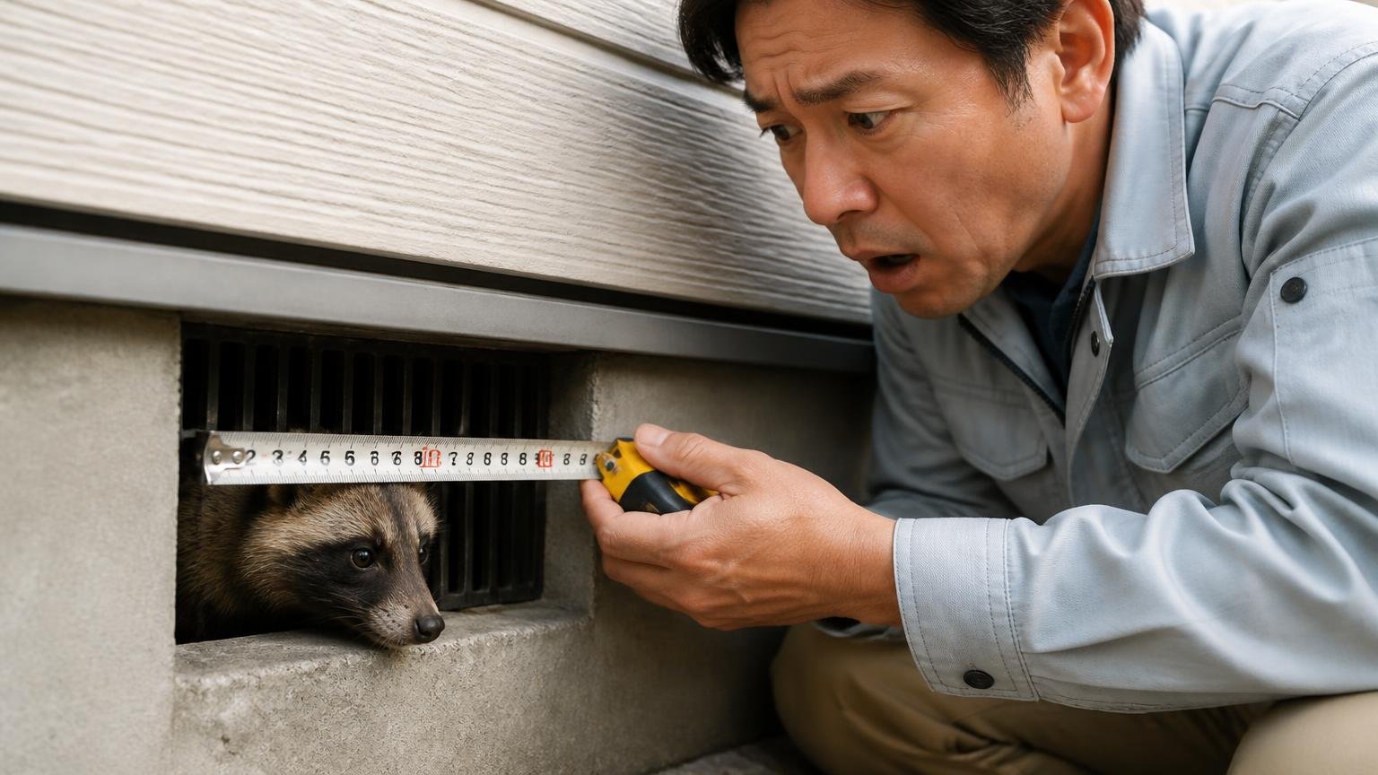 8センチのすき間を通り抜ける害獣|住宅の外壁の通気口まわりで40代男性がメジャーですき間の幅を測る