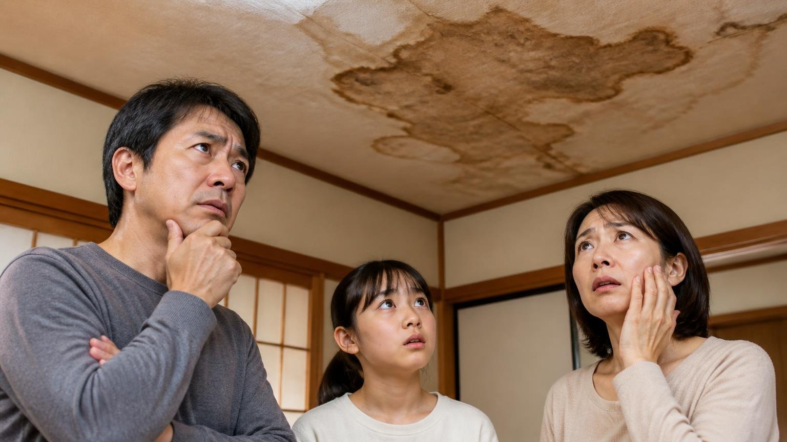 もう忌避剤では止まらない7つのサイン。天井にシミが広がった和室で家族3人が顔を見合わせ深刻な表情になる