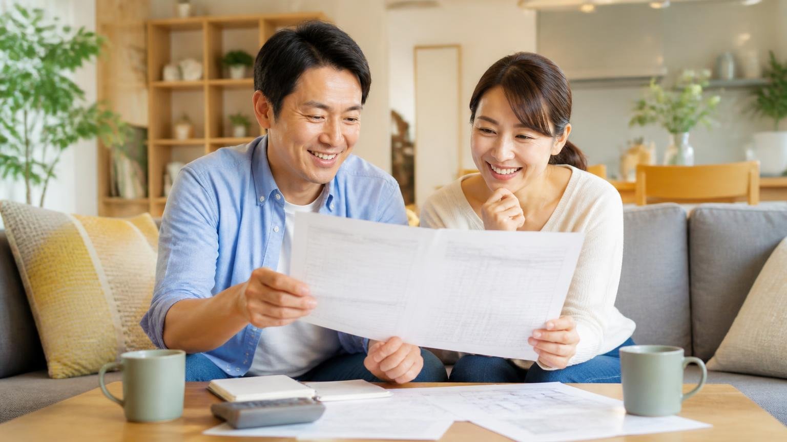 業者に頼むといくらかかるのか リビングで見積書を広げて話し合う夫婦2人が納得した表情