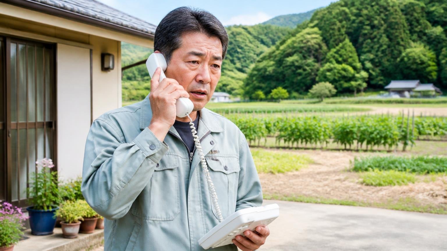 農業林業の被害防止目的には例外がある、田畑に面した自宅前で男性1人が役所へ電話し確認する