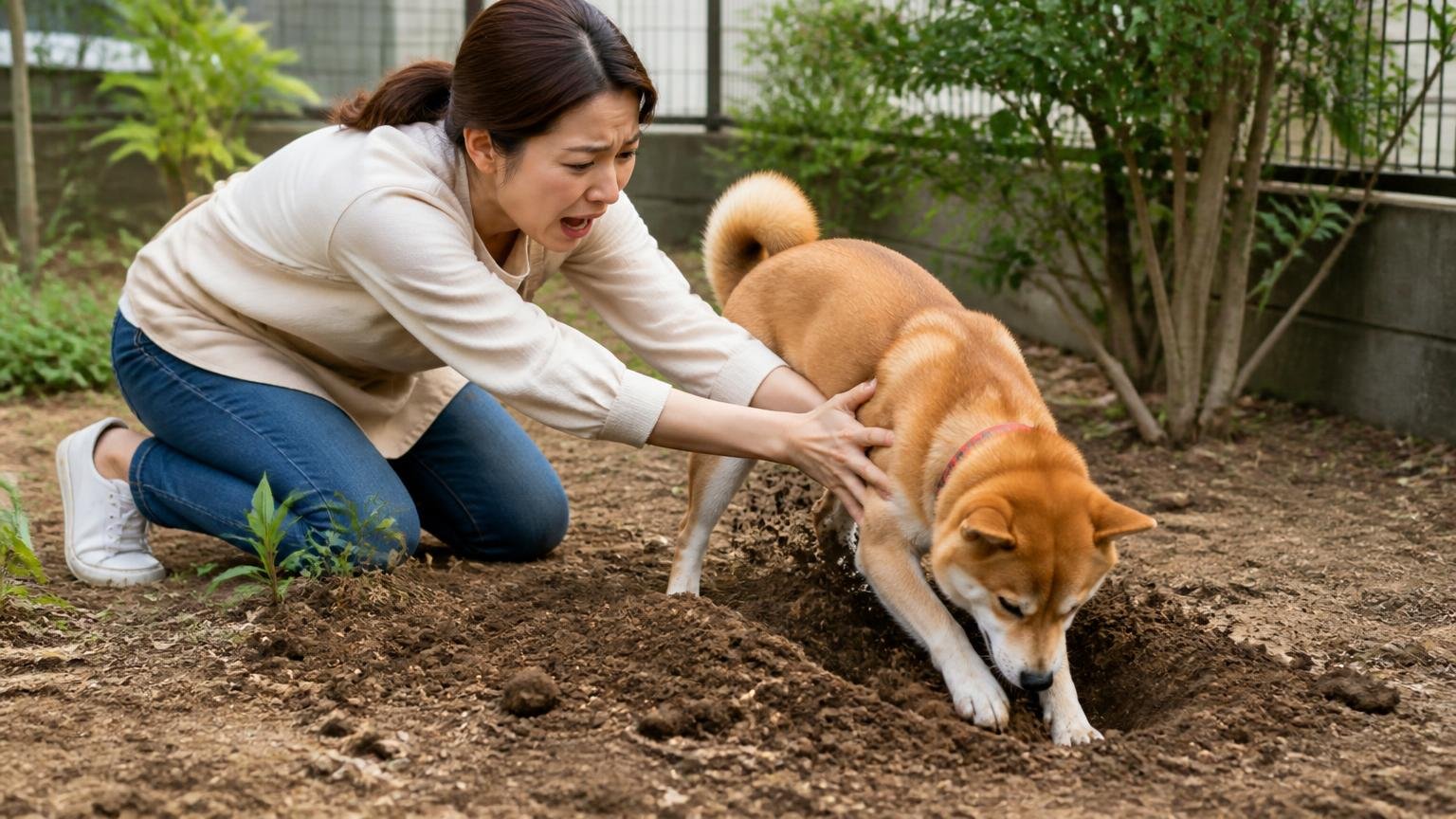 小さな子どもや犬猫がいる家庭が気をつけたいこと 庭の土の上 女性1人と犬1匹 掘る犬を止める
