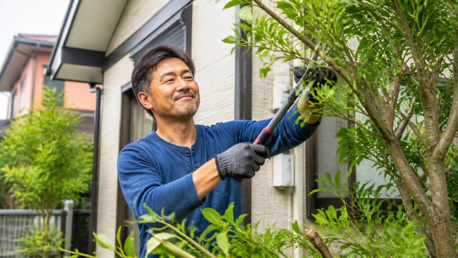 許可なしでできることできないこと 木造戸建ての庭と外壁まわり 住人1人が庭木の枝を切り納得の表情