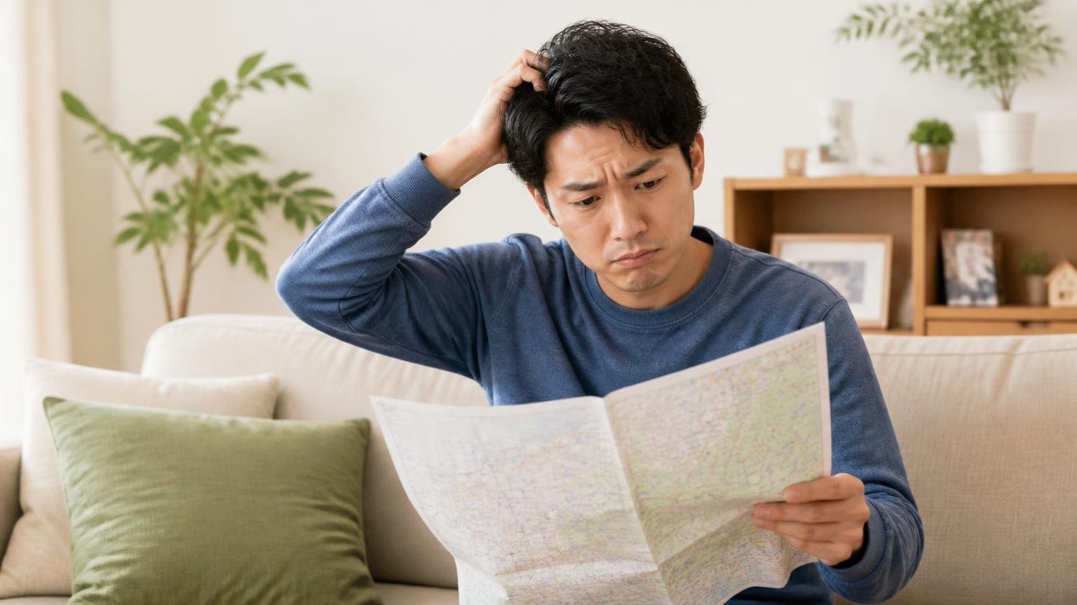向いていない人の条件を確認する。住宅のリビングで男性1人が地図を見て困った表情で頭をかく