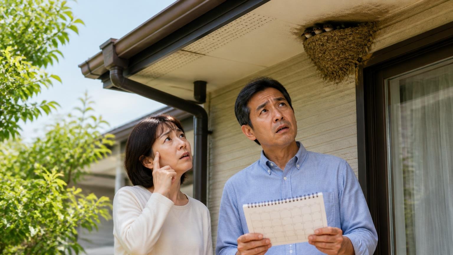 追い出してはいけない時期がある。初夏の住宅の軒下でカレンダーを手にした夫婦2人が困った顔で見上げる