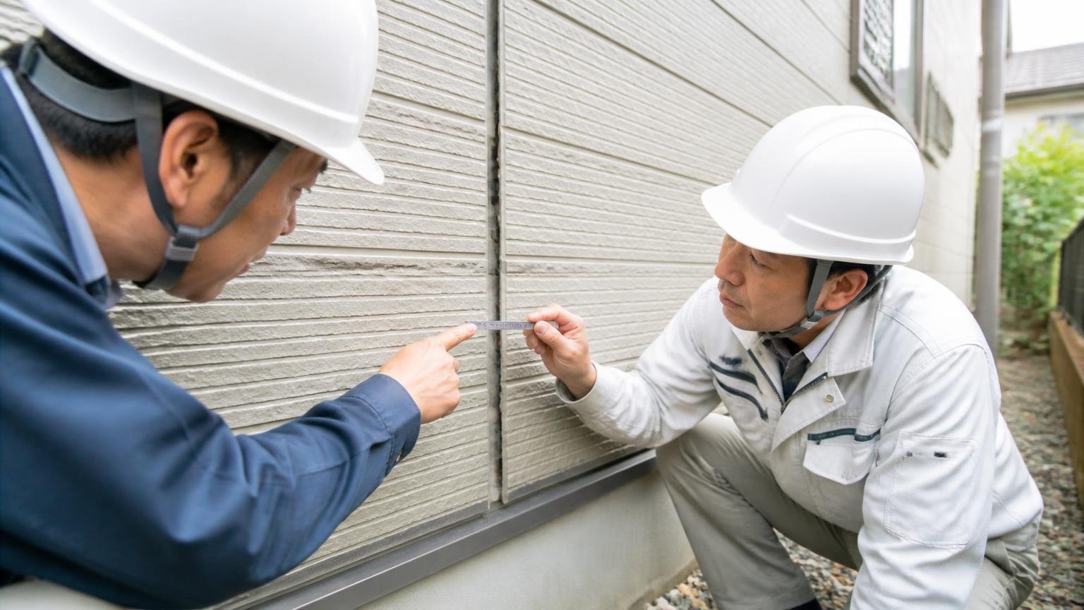 1〜1.5cmのすき間はテグスではふさげない|家の外壁まわりで点検|作業員2人がすき間を計測して指さす