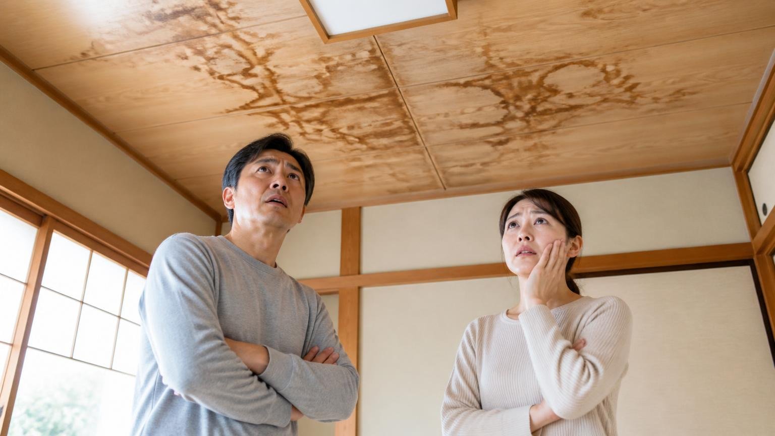 向いていない人の条件|和室の天井に広がった茶色いシミを見上げる夫婦2人が不安そうな表情で立ち尽くす