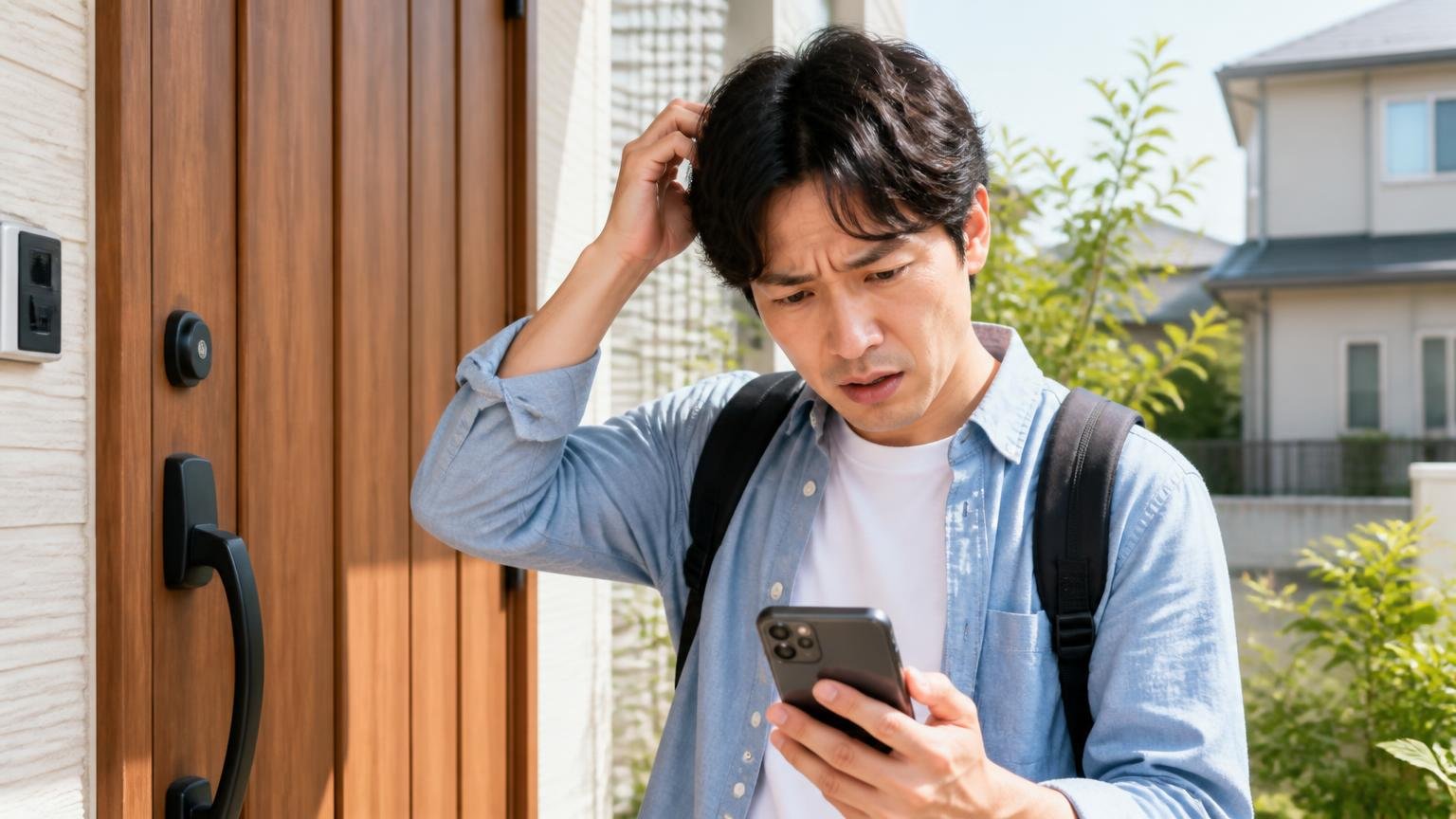 向いていない人の3つの条件と次にすべきこと 木造戸建ての玄関でスマホの地図を確認する 30代男性1人 困った表情で頭をかく