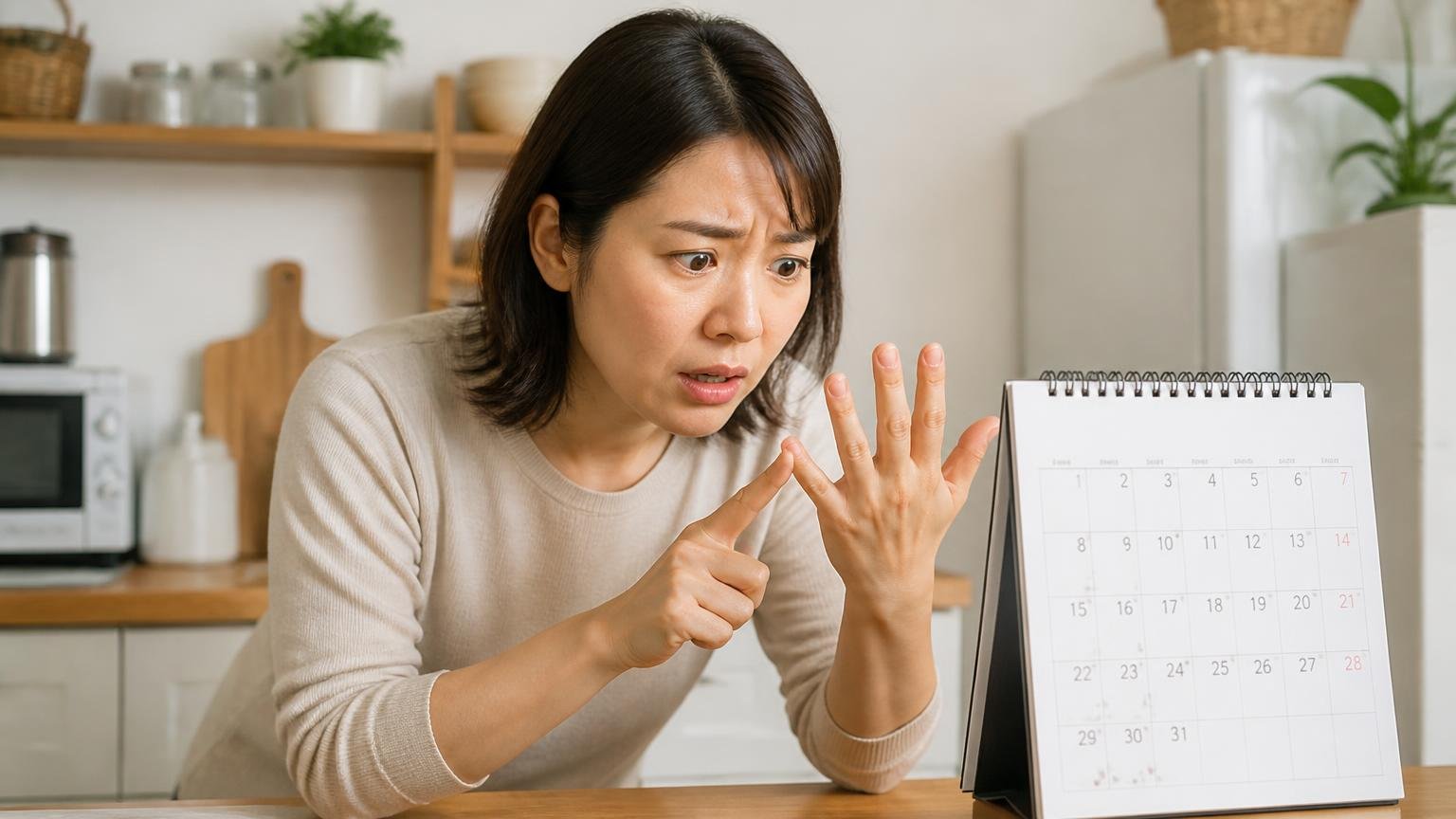 効果が出るまで2〜4週間かかる。台所のカレンダーの前で指折り日数を数える30代女性が待ちきれない表情