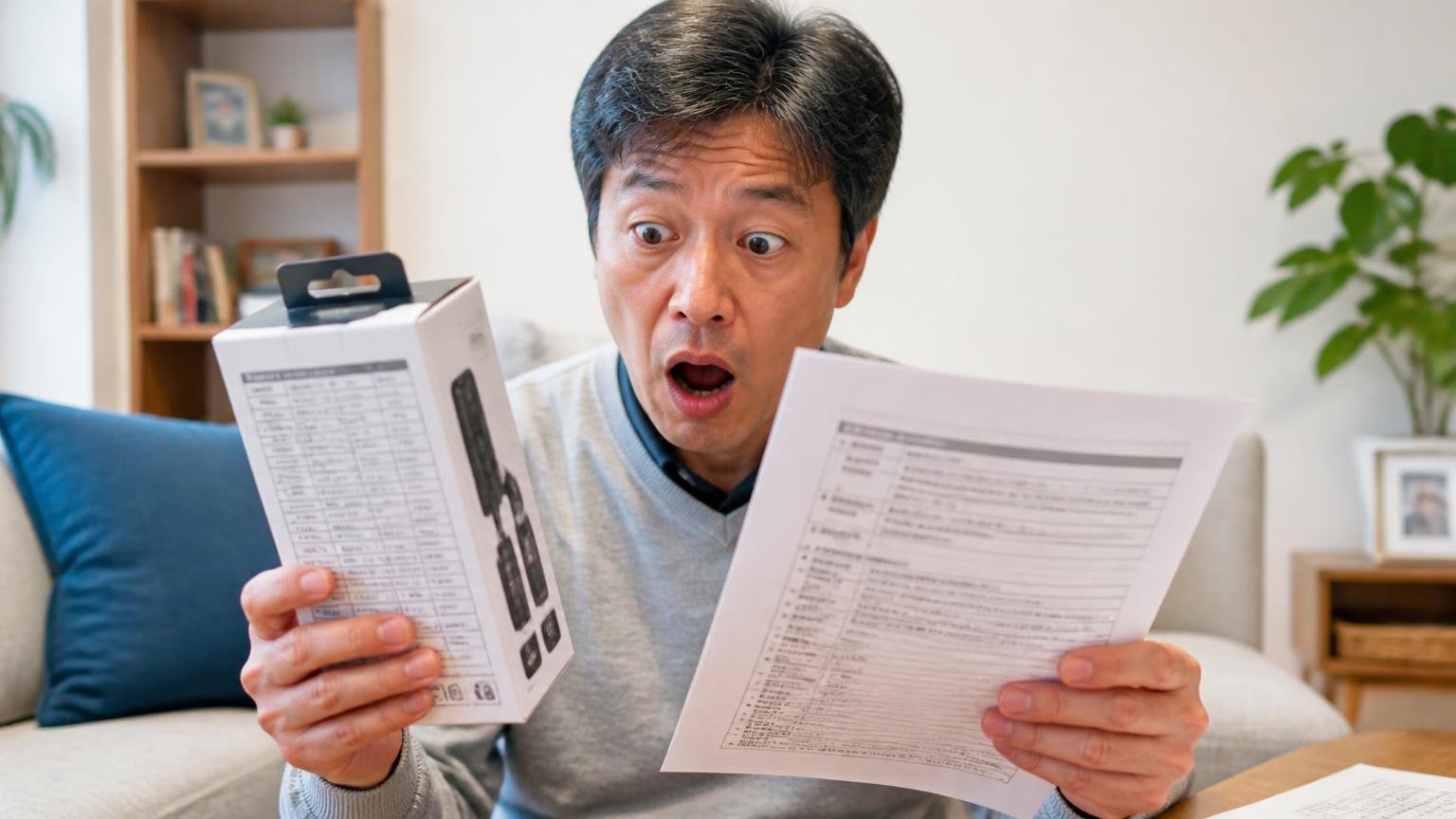 公表仕様130dBと指針の130デシベル 住宅の居間で商品パッケージの仕様表と資料を見比べる50代男性が驚いた表情