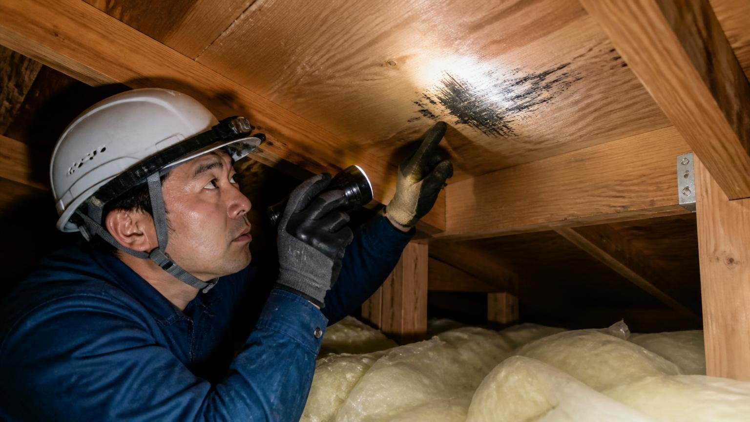 設置場所と向きの調整 木造戸建ての天井裏で作業員1人が黒い擦れ跡を懐中電灯で照らす