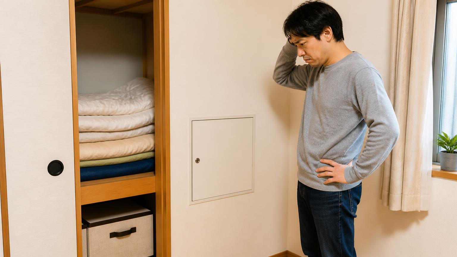 機械では戻せない家の条件 住宅の押し入れの点検口前 男性1人 開けられず立ち尽くす