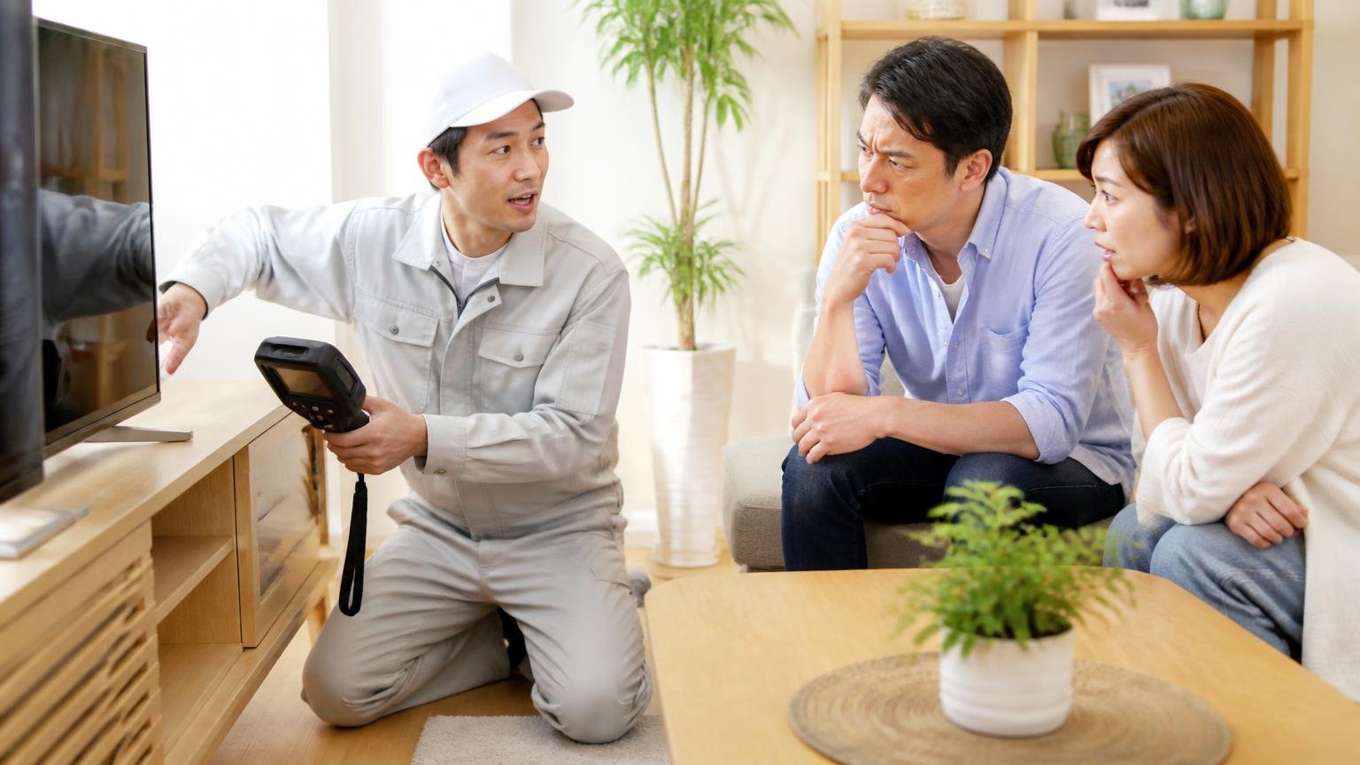 超音波は障害物に弱い。住宅のリビングで家具の裏側を指しながら家族に説明する作業員が身振りを交える