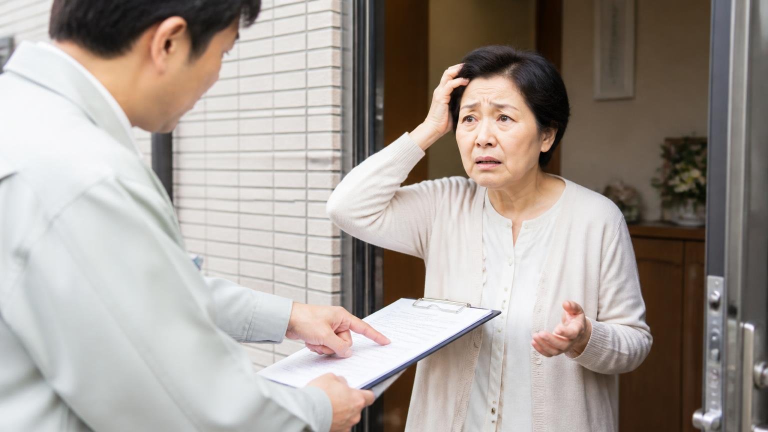 複数社の見積もりを取れなかった人|玄関先で契約書を前に急かされて戸惑う60代女性1人