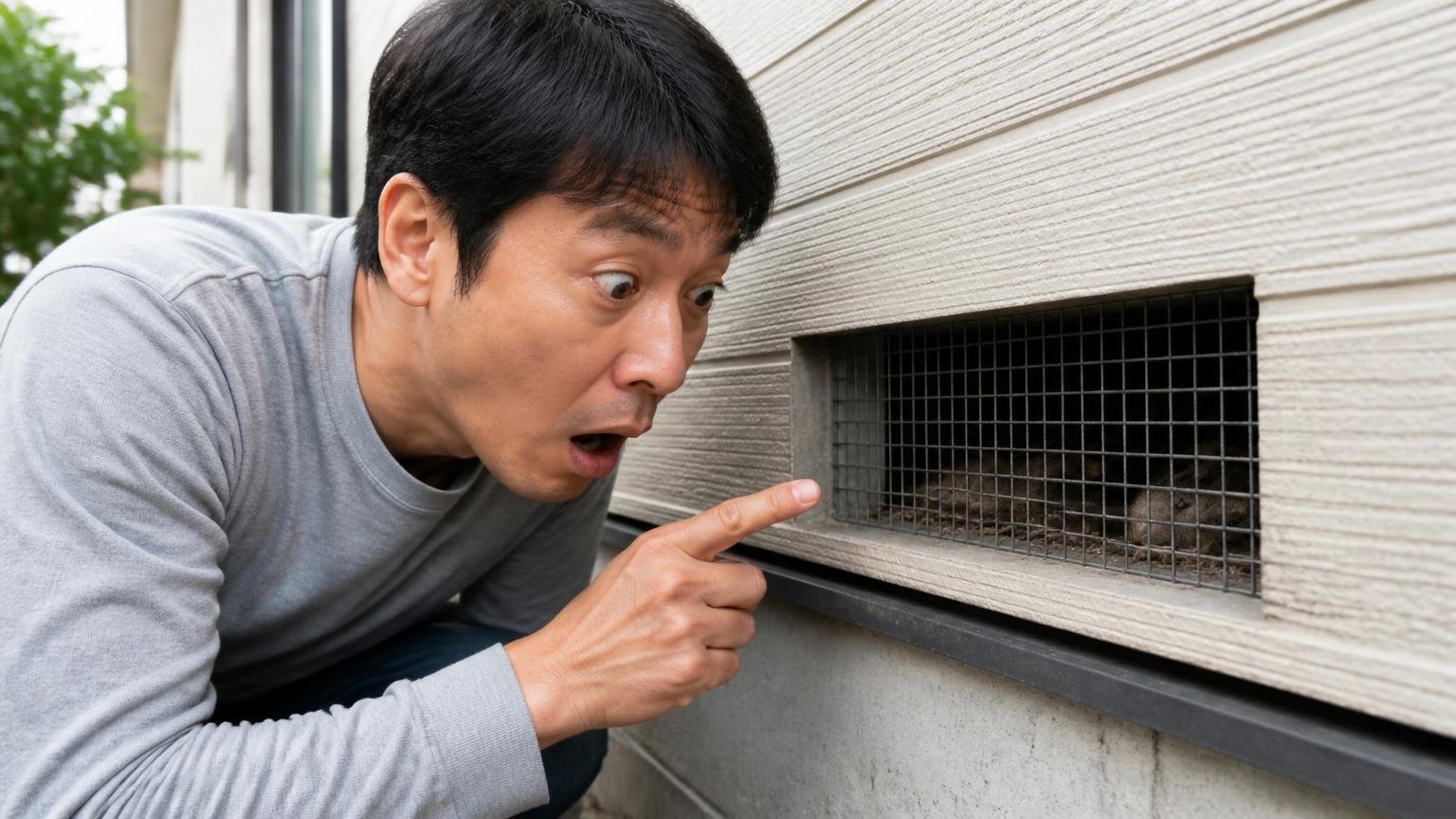 ふさいだつもりが一番こわい。住宅の外壁の通気口を確認する住人男性1人が金網のすき間に驚く
