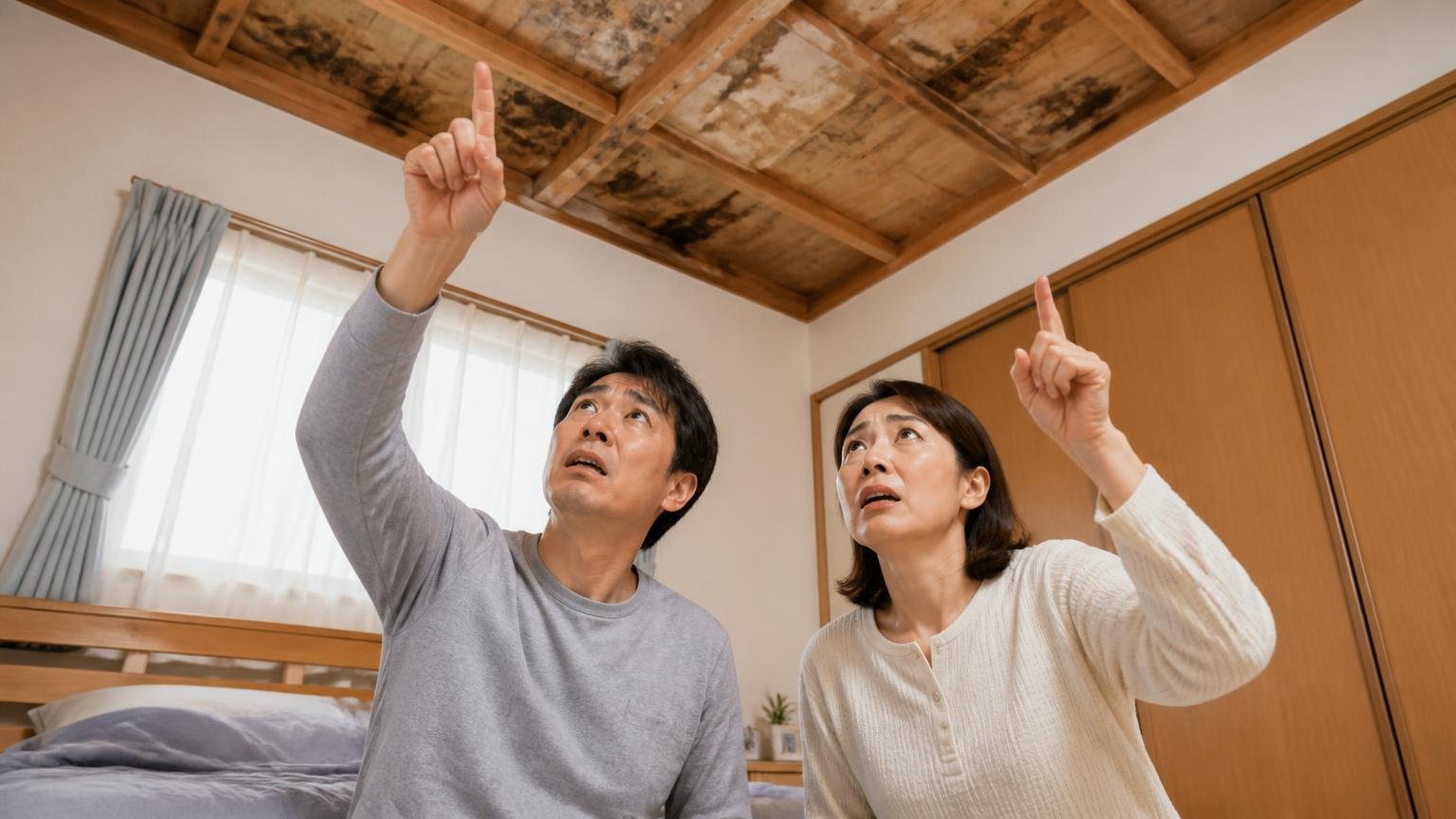 向いていない人粘るほど遠回りになる段階 木造戸建ての天井を見上げる寝室で 夫婦2人が 不安げな表情で天井を指さす