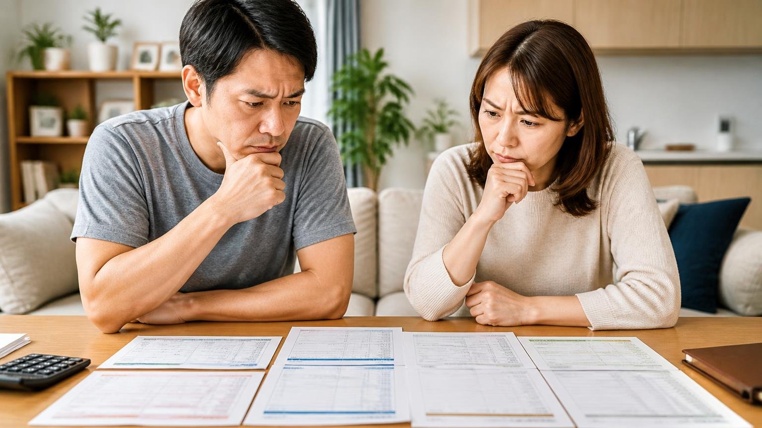 向いていない人の3条件 リビングで複数の見積書を並べる住人2名 真剣に見比べる表情