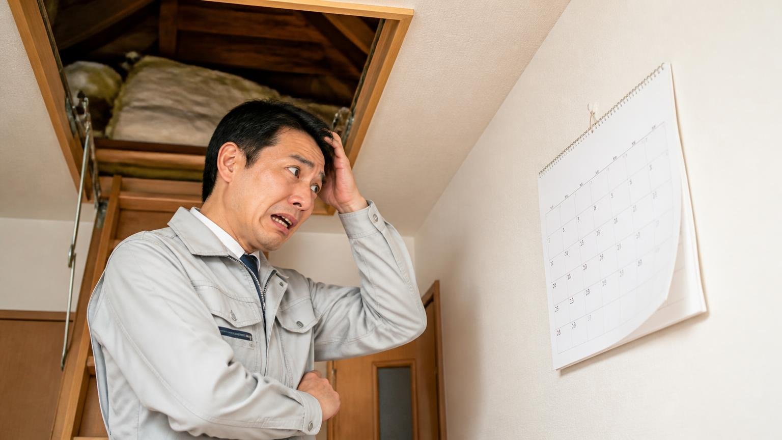 置いてからの日数が足りていない。木造戸建ての天井裏の点検口前で男性1人が腕を組み、カレンダーを見て焦る表情