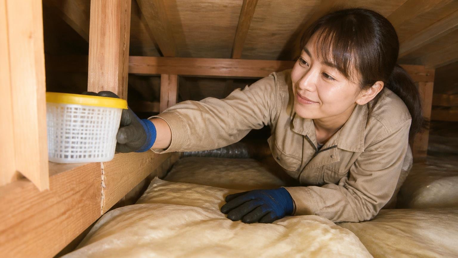 天井裏の閉じた空間に忌避剤を置く場面 木造戸建ての天井裏 30代女性が容器を設置し満足そうな表情