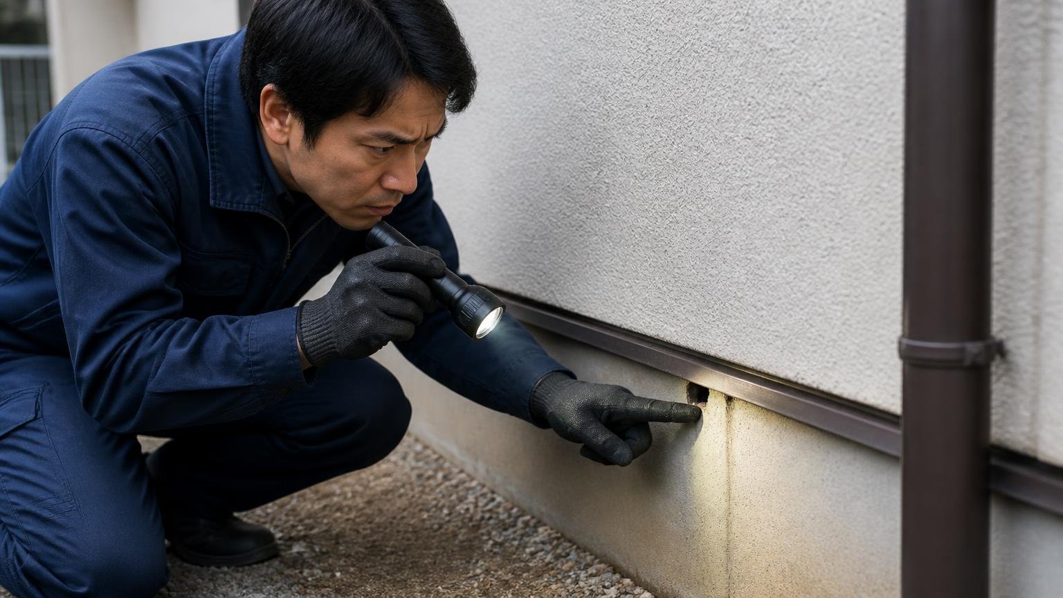 素手で触る置き場所のずれという取りこぼし。住宅の壁際で手袋をした男性がラットサインを懐中電灯で照らしている