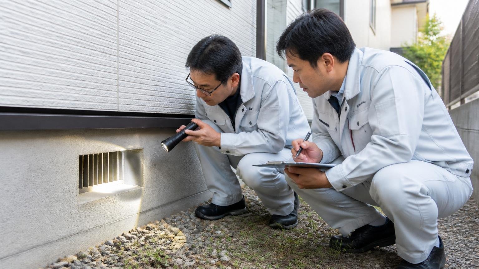 地面から軒下まで侵入口になりやすい場所。住宅の床下通風口を懐中電灯で照らす作業着の男性2人