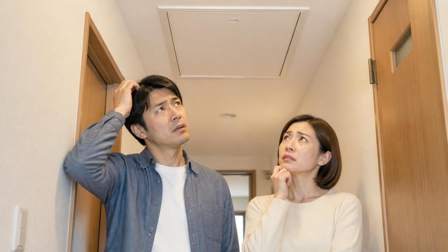 向いていない家の特徴。木造戸建ての廊下で天井の点検口を見上げる夫婦2人が困った顔をしている