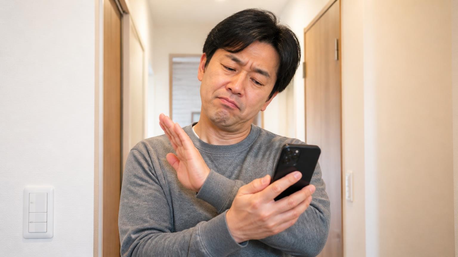 向いていない人。自宅の廊下でスマホを見ながら首を横に振る40代男性1人