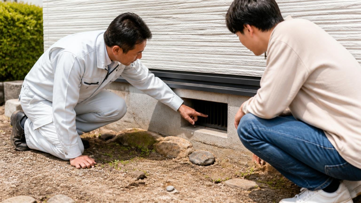 ステップ2侵入経路と生息要因を明らかにする|住宅の基礎まわりのすき間を屈んで確認する|作業着の男性1人と住人1人|地面に膝をついて指さす