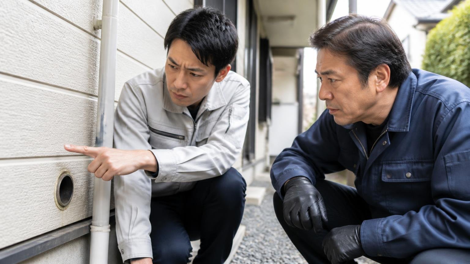 侵入口は捕獲したあとにふさぐのが順番、住宅の外壁まわりで点検、配管の穴を指さす男性2人、真剣な表情