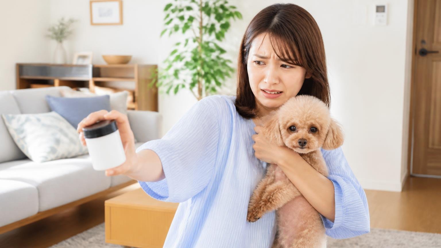 ペットがいる家庭では使わない 明るいリビングで30代女性が犬を抱き容器を遠ざけ困った顔
