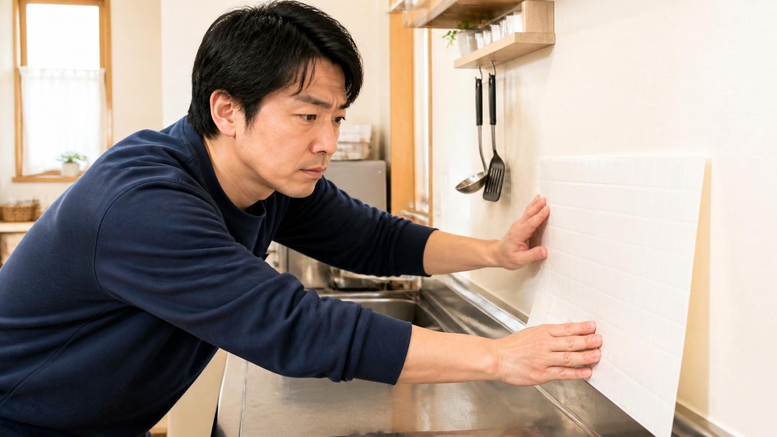市販グッズは置く場所が決まって初めて働く。木造戸建ての台所の壁際に粘着シートを置く住人1人が慎重な表情